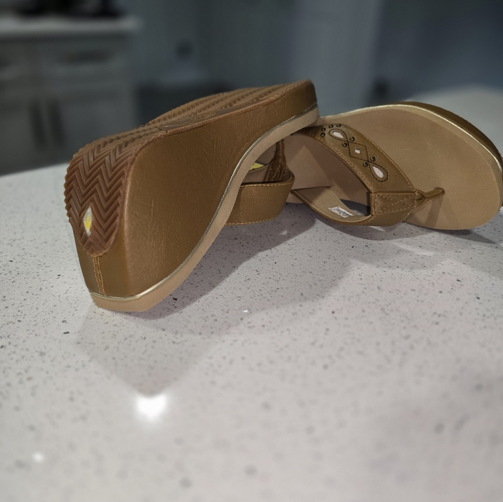 Volatile Tan Wedge Slides with Perforated Design - Picture 3 of 5